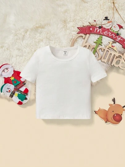 SHEIN Baby Boy Loose Fit Solid Color Round Neck Short Sleeve Casual T-Shirt
