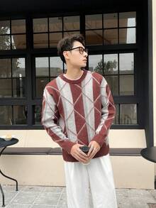 Manfinity Hypemode Men 1pc Argyle Pattern Drop Shoulder Sweater - Multicolor - View 6