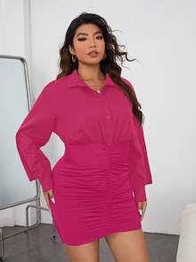 SHEIN Privé Plus Ruched Front Bodycon Dress - Hot Pink - View 4