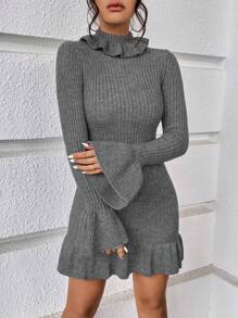SHEIN Unity 小高領荷葉袖荷葉邊毛衣洋裝 - 灰色 - 查看 6