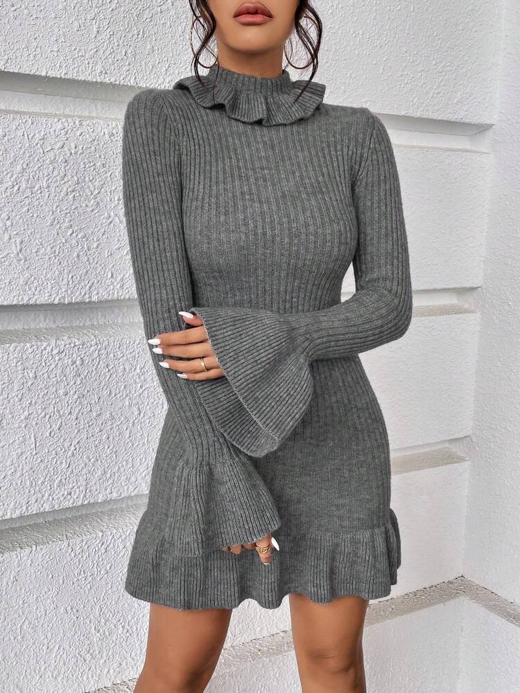 Mock Neck Flounce Sleeve Ruffle Hem Sweater Dress Fall Cloth For Women