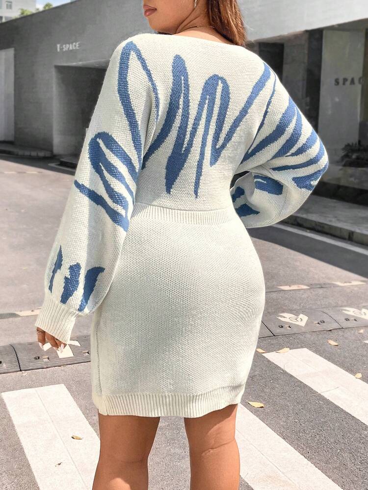 Plus Graphic Pattern Boat Neck Batwing Sleeve Sweater Dress Fall Cloth For Women