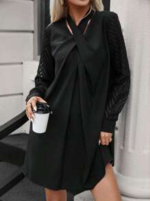 SHEIN LUNE Solid Criss Cross Halter Neck Contrast Mesh Sleeve Dress - Black - View 5