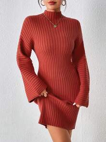 SHEIN Essnce 小高領落肩袖毛衣洋裝不附腰帶 - 棕色 - 查看 3