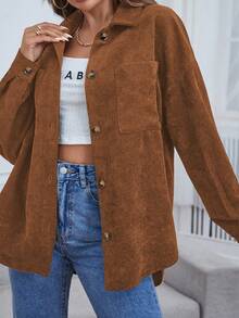 SHEIN Essnce 落肩袖口袋貼布燈芯絨大衣 - 棕色 - 查看 4