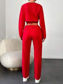 RueChic Top-stitching Drop Shoulder Crop Sweatshirt & Pants - Red - View 2