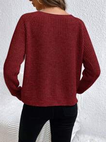 SHEIN LUNE Solid Raglan Sleeve Ribbed Knit Sweater,Long Sleeve Tops Knit Pullover Fall Winter Outfit