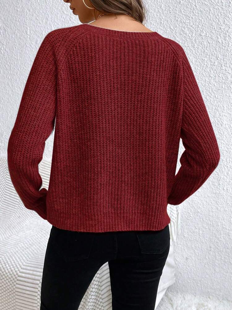 Solid Raglan Sleeve Ribbed Knit Sweater,Long Sleeve Tops Knit Pullover Fall Winter Sweater
