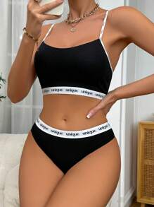 Women Bra & Panty Sets Contrast Binding Mencetak - Hitam - View 3
