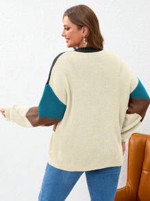 SHEIN Essnce 大碼撞色落肩袖套頭毛衣 - 彩色 - 查看 2