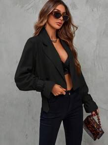 SHEIN Clasi 西裝領扣飾袖口短款風衣外套 - 黑色 - 查看 5