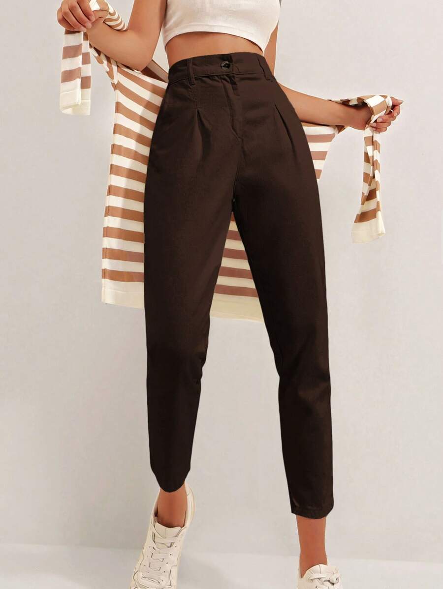 SHEIN Cottnline Solid Fold Pleated Carrot Pants - Brown - View 1