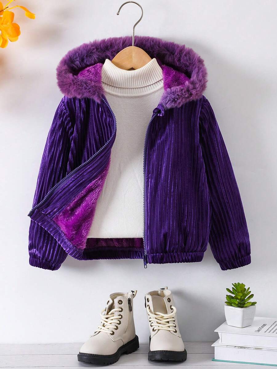 SHEIN Cô Gái Trẻ Trang trí Fuzzy áo có mũ Vải to sợi Áo khoác Không có áo len - Màu tím - Xem 1
