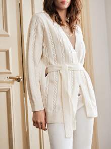 Anewsta 麻花編織腰帶開襟衫 - 杏色 - 查看 6