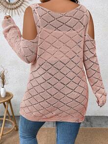 Calvaya Hơn Vai lạnh Lace lên phía trước Dệt kim chấm bi Áo len - Bụi hồng - Xem 2