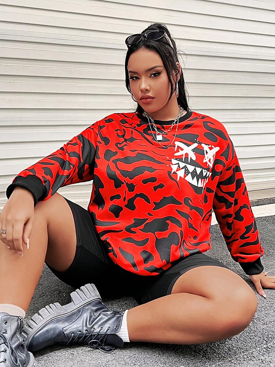 SHEIN EZwear 大碼卡通圖案落肩袖運動衫 - 彩色 - 查看 1