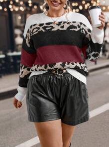 SHEIN LUNE Plus Leopard Pattern Colorblock Drop Shoulder Sweater - Burgundy - View 3