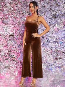 SHEIN PETITE 素色無袖連體褲 - 棕色 - 查看 6