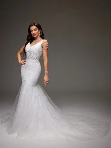 Vestido Formal De Cola De Sirena Con Encaje Y Espalda Baja - Blanco - Ver 3