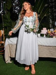 Simplee Plus Floral Embroidery Mesh Overlay Sweetheart Neck Lantern Sleeve Prom Dress - White - View 3