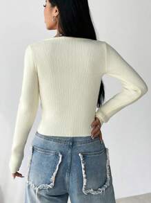 SHEIN Unity 半拉鏈大圓領條紋針織套頭毛衣 - 米色 - 查看 2