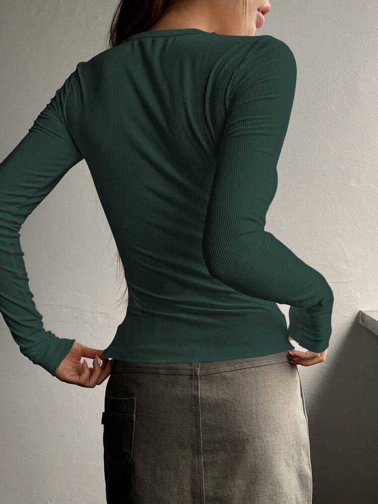 Half Button Ribbed Knit Tee,Fall Clothes Preppy Tops Long Sleeve Women Tops