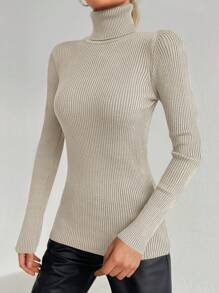 Cloudara Women's Solid Color Simple Design High Neck Pullover Sweater - Beige - View 5