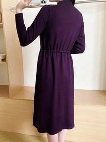 Solid Mock Neck Drawstring Waist Sweater Dress - Purple - View 2