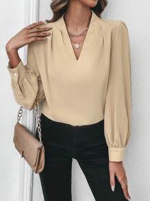SHEIN Frenchy Solid V Neck Bishop Sleeve Blouse - Khaki - View 5