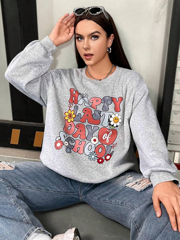 Plus Slogan Graphic Drop Shoulder Sweatshirt Pullover Fall Sweatshirt