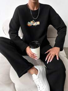 EURMUSE Letter Graphic Drop Shoulder Tee & Pants - Black - View 1