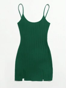 SHEIN Essnce Talla grande Vestido de tirantes bajo con abertura tejido de canalé - Verde Oscuro - Ver 6