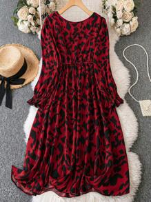 SHEIN Clasi Plus Allover Print Belted Dress - Burgundy - View 2