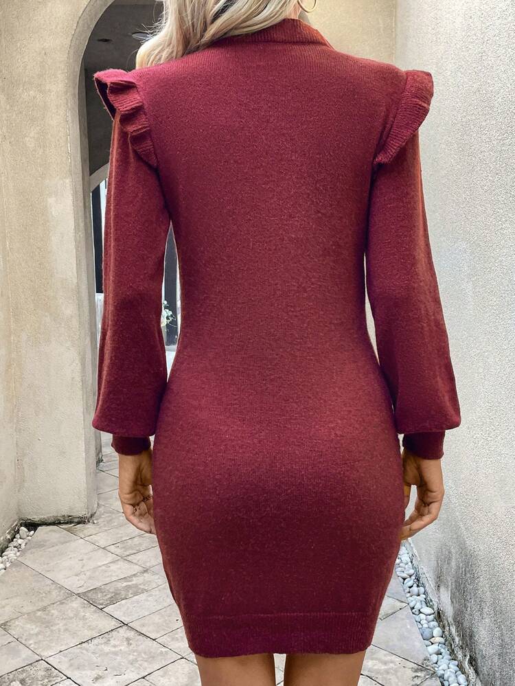 Mock Neck Ruffle Trim Cable Knit Sweater Dress Without Belt