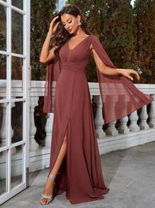 UNITHORSE 斗篷袖高衩雪紡及地伴娘洋裝 - 紅木色 - 查看 9