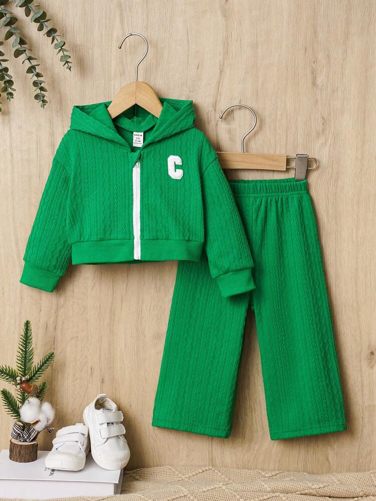 Baby Girl Letter Patched Zip Up Hoodie & Pants