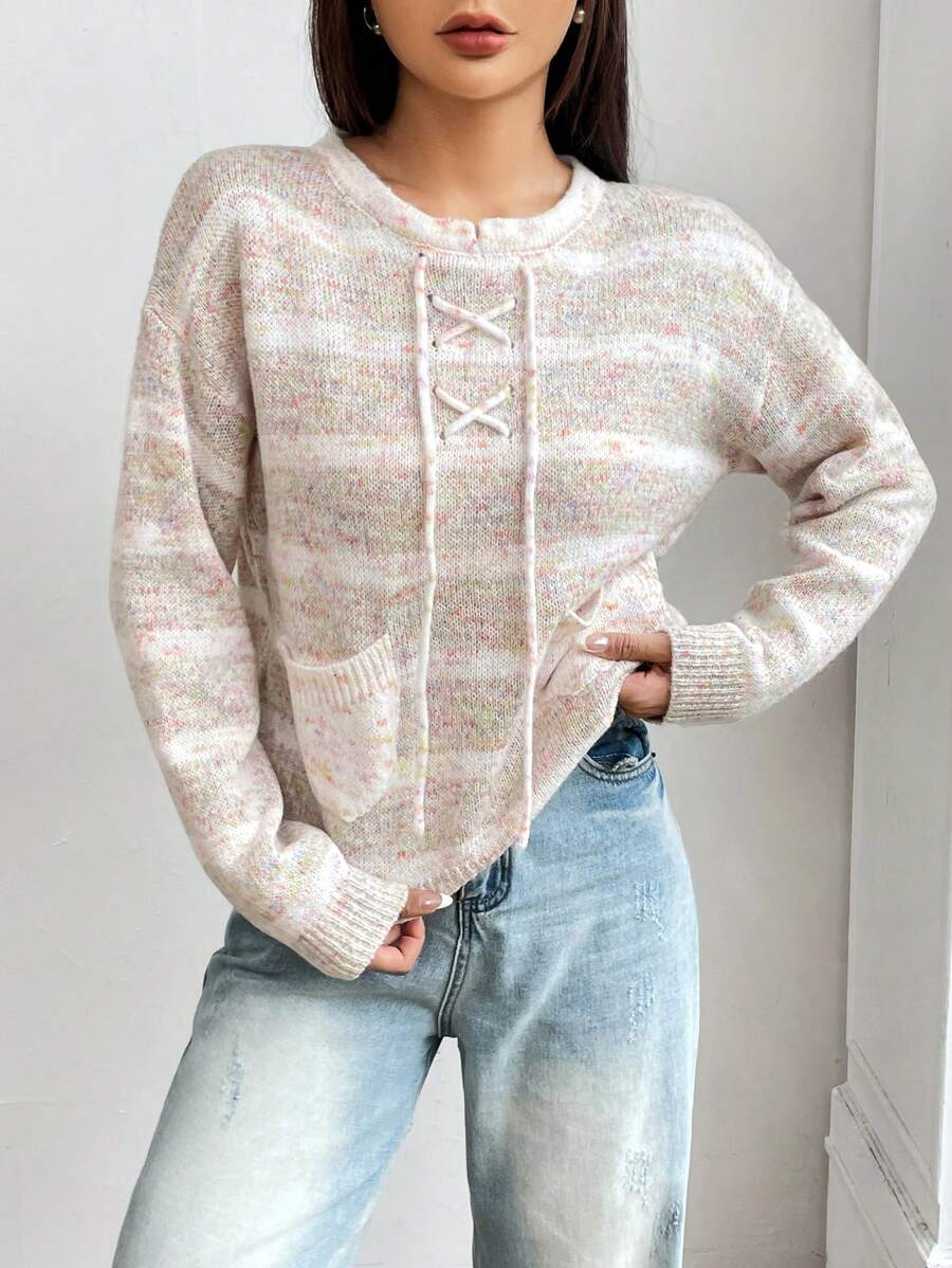 SHEIN Unity Space Dye Lace Up Front Dual Pocket Drop Shoulder Sweater Knit Pullover Fall Winter Outfit - Multicolor - View 1