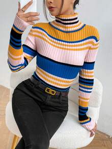 SHEIN Essnce 條紋圖案高領條紋針織套頭毛衣 - 彩色 - 查看 6