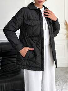 SHEIN Cottnline معطف مبطن جيب قلاب منخفض الاكتاف - الأسود - مشاهدة 4