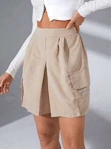 SHEIN Essnce Flap Pocket Side Fold Pleated Detail Shorts - Khaki - View 3