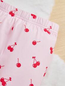 SHEIN Young Girl Knitted Cherry Pattern Top And Pants PJ Set - Pink - View 5
