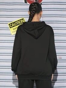 SHEIN SXY Car & Letter Graphic Drop Shoulder Drawstring Hoodie - Black - View 2