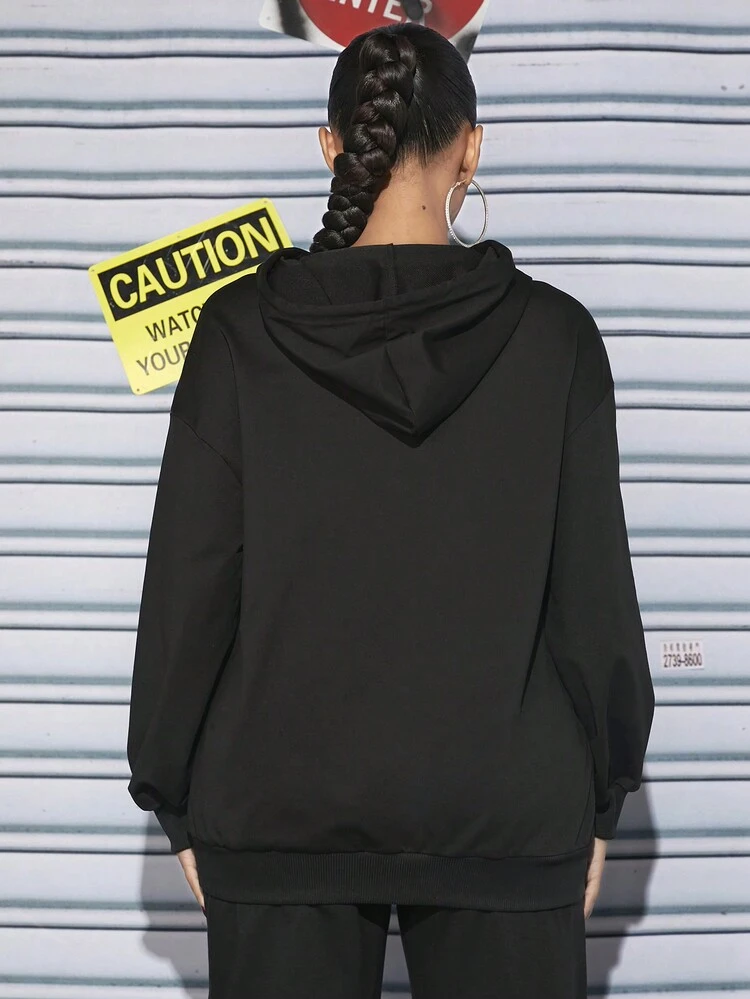 Car & Letter Graphic Drop Shoulder Drawstring Hoodie