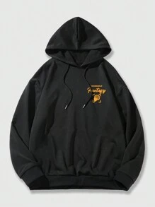 ROMWE MEN Street Life Các bạn Đồ họa chữ và số Thả vai Dây rút Hoodie - màu đen - Xem 2