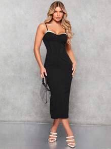 SHEIN BAE Khối màu Váy Cami Bodycon - Đen và trắng - Xem 1