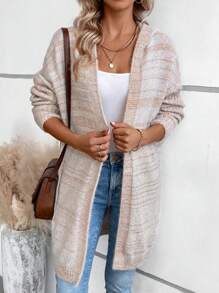 SHEIN LUNE 段染落肩袖連帽開襟開衫 - 卡其色 - 查看 6