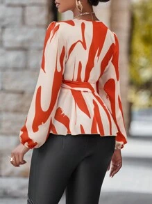 SHEIN Unity 筆刷圖案燈籠袖腰帶襯衫 - 橘色 - 查看 2