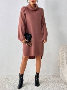 SHEIN Essnce Áo cao cổ Thả vai Viền chia cắt Đầm Áo len Không có thắt lưng - Cà phê nâu - Xem 4