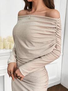 SHEIN Privé Vestido ajustado de hombros descubiertos fruncido lateral brillante - Dorado - Ver 3