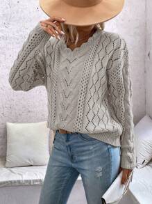 SHEIN LUNE Cắt vỏ sò Thả vai Dệt kim chấm bi Áo len - Xám - Xem 6